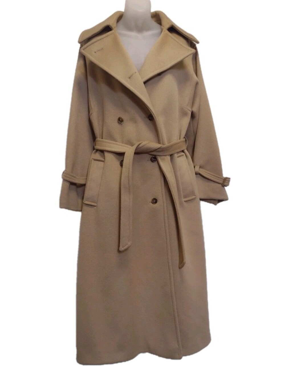 Vintage Stevens Forstmann Wool Long Coat Camel Belted USA ILGWU Quiet Luxury L